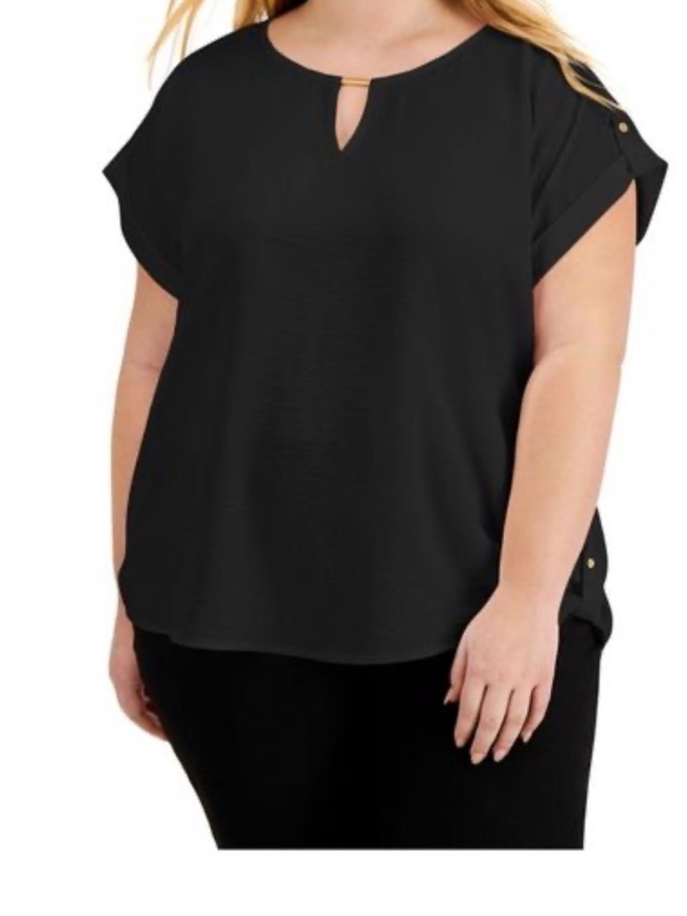 Calvin Klein Black Plus-Size Short Sleeve Keyhole Blouse